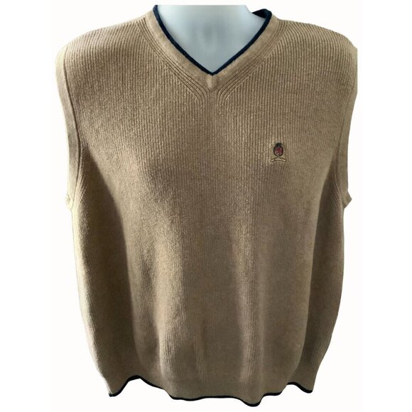 Tommy Hilfiger Other - Tommy Hilfiger Sweater Vest Tan Navy Trim Cotton VNeck Casual Rib Knit Mens XL